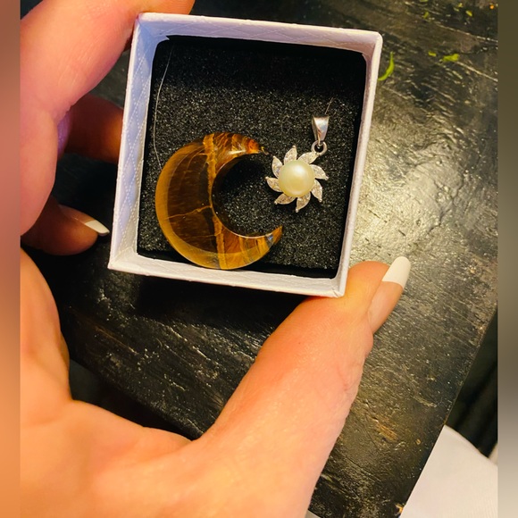 Sterling Silver Sun with pearl🌙 crescent moon Tigers Eye as a bonus. - Picture 3 of 10